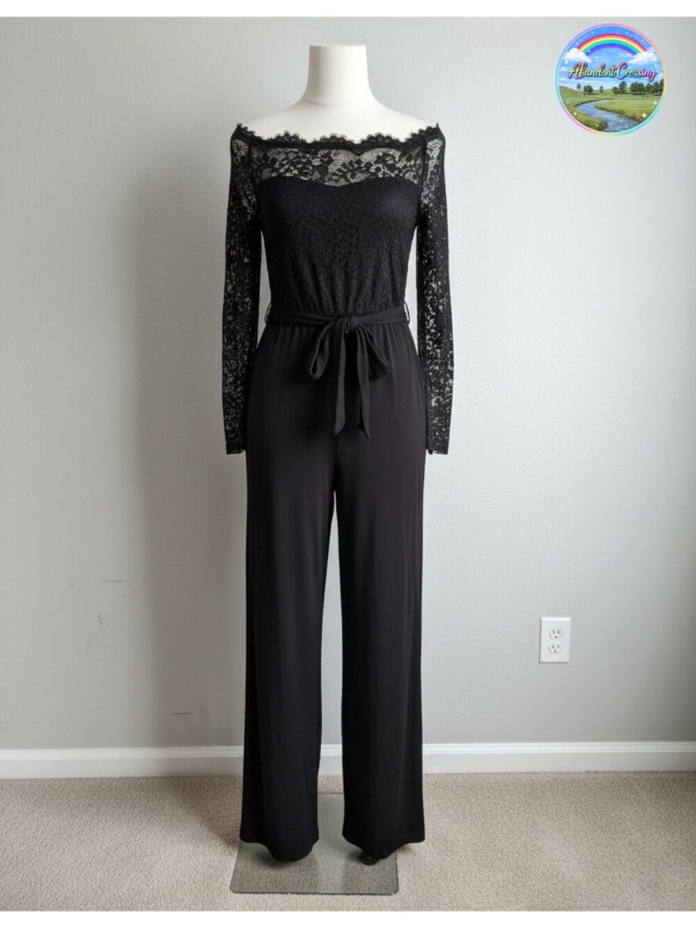Off Shoulder Lace Jumpsuit Long Sleeve Belted Overalls